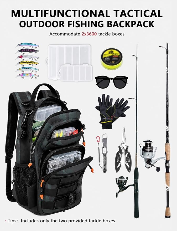 2 in 1 Compact Tactical Fishing Backpack with Tackle Boxes, Lightweight Waterproof Tackle Bag Fit 2 * 3600 Tackle Boxes, 2 Rod Holders Storage, Fishing Accessories Gift for Men Green