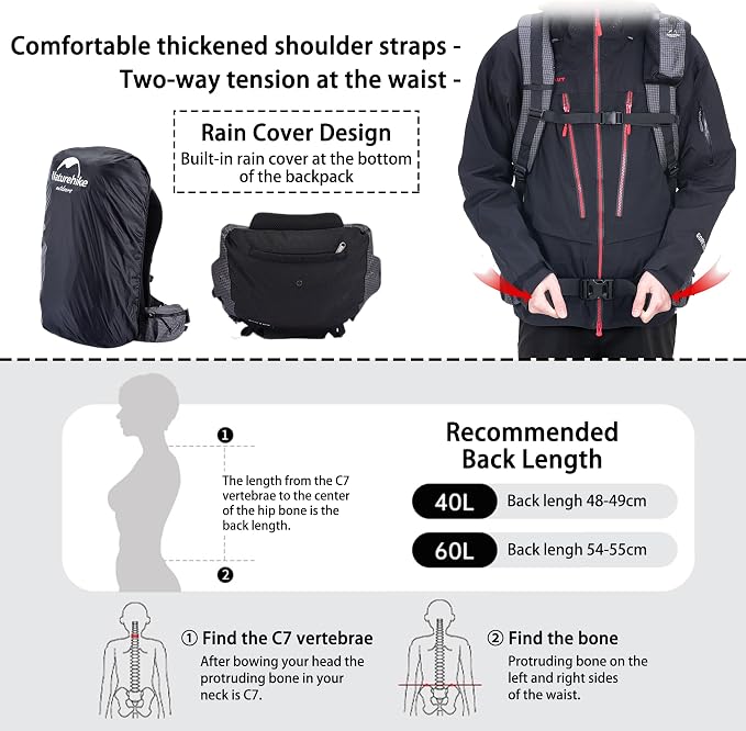 Naturehike Rock-40L/60+5L Internal Frame Hiking Backpack for Adults, Camping Travel Backpacking Waterproof Bag with Rain Cover, Ultralight Outdoor Daypack (60+5L(updated))