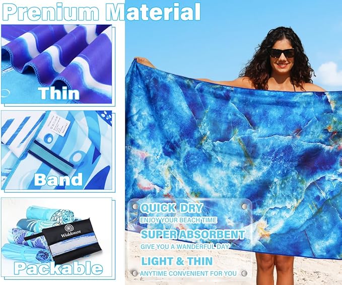 Widdonen Lightweight Thin Microfiber Beach Towel Sand Free Quick Dry Absorbent Compact Soft Pool Swim Travel Towels Extra Large Oversized Beach Accessories Packable Essentials Stuff Gifts for Adult