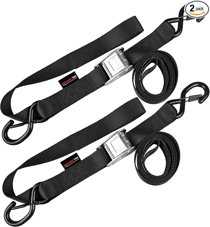 AWELCRAFT Motorcycle Tie Down Straps (2 Pack),3300lb Break Strength,1.5in x 8FT Steel Cambuckle Dirtbike Strap,Integrated Soft Loops & Double S-Hooks with Safety Clips,Lab Tested,Black