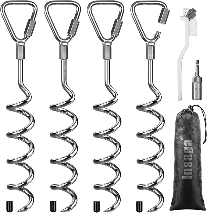 Insaga 17" Heavy Duty Ground Anchors Screw in - 4 Pack Chrome Plated with Reinforced Triangle Bracket for Trampoline, Swing Set, Shed, Mobile Home, Carport - High Wind Resistance for All Soil Types