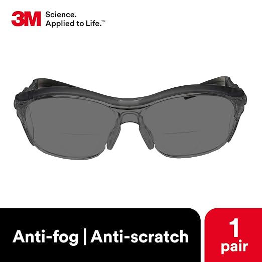 3M Safety Glasses with Readers, Nuvo Readers, +2.0 Diopter, ANSI Z87, Gray Lens, Gray Frame, Soft Nose Bridge, Side Shields