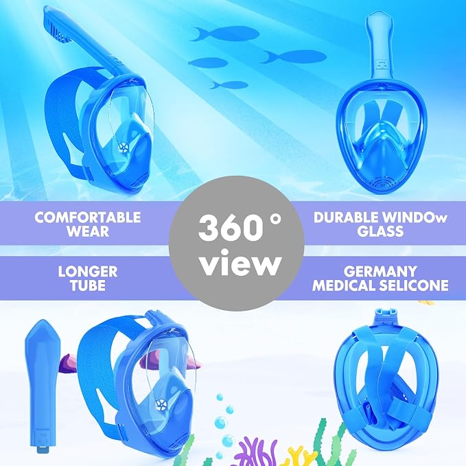Kids Snorkel Mask Full Face, Snorkeling Gear for Kids with Camera Mount, 180 Degree Panoramic View Snorkeling Set Anti-Fog Anti-Leak