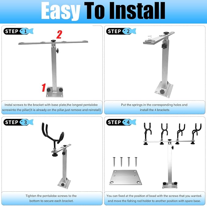 Fishing Rod Holder for Boat,Marine Fishing Pole Rack with The Function of Holding Four Fishing rods and 360 Degree Rotation & Adjustable Height,Includes mounting Plate.