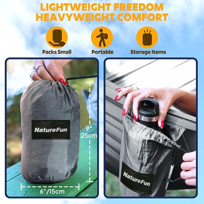 NATUREFUN Ultra-Light Travel Camping Hammock | 300kg Load Capacity,Breathable,Quick-Drying | 2 x Premium Carabiners,2 x Nylon Slings Included | Outdoor Indoor Garden