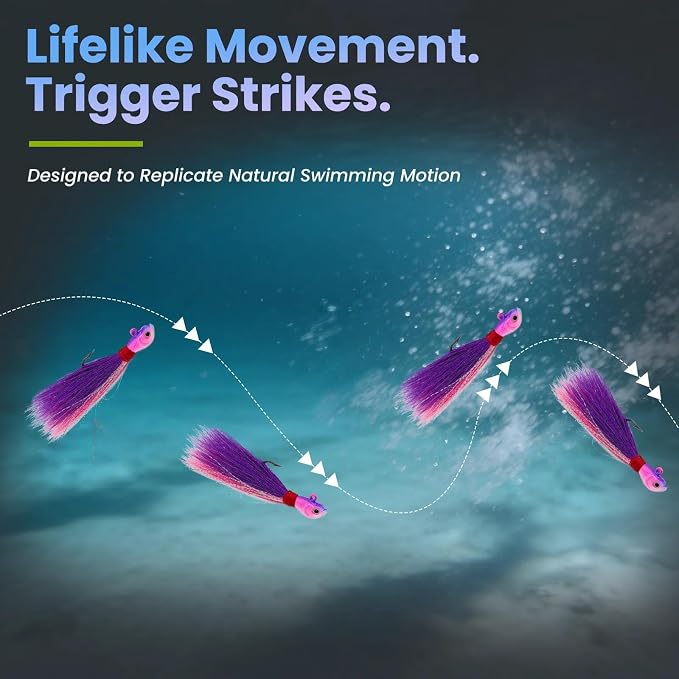 Natufish Bucktail Jigs 3/5Pcs Flash Hair Tail Lifelike Action Saltwater | Fishing Hair Jigs with Natural Deer Hair, 3D Eyes & Sharp Hook Design, Mimic Baitfish Movement 1/4oz-2oz Sizes