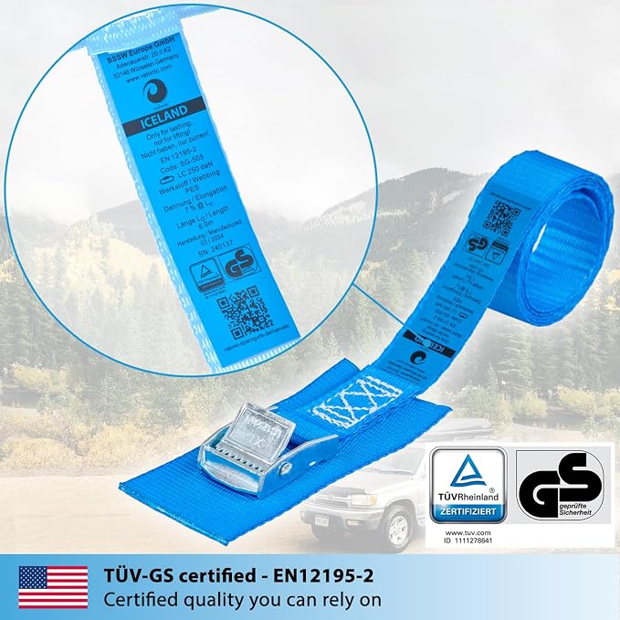 valonic Iceland - tie Down Straps with Protection pad, 4 Pieces, 20 ft x 1 inch, 1100lbs, cam Buckle, TÜV Rheinl. Certified, Blue, Lashing Straps for roof Rack, Kayak, Bike, car