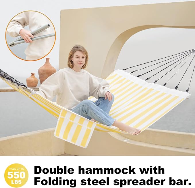 GAFETE 14ft 2 Person Hammock for Outside, Quick Dry Textilene, Portable Hammocks Without Stand with Folding Steel Spreader Bar, Carrying Bag, Tree Straps, Pillow & Sidebag, 550 lbs Capacity (Yellow)