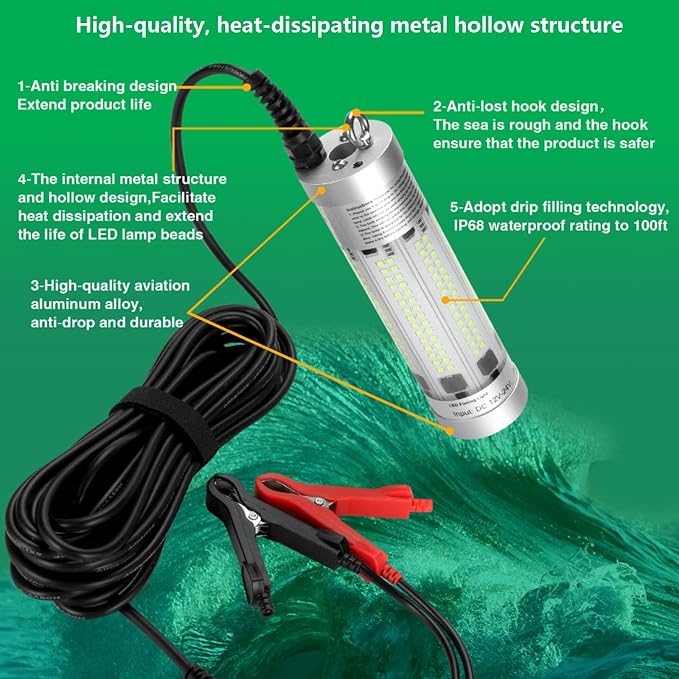 150W 20900lm Underwater Fishing Light, IP68 Waterproof Aluminum Super Bright Night Fish Attracting Submersible LED Lamp Lure Bait Finder for Freshwater Saltwater Sea Kayak Ice Dock (Green)