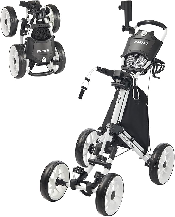 FLAGTAG Golf Push Cart 4-Wheels,Folding Golf Cart, Golf Pull cart with Cup Holder,Umbrella Holder,Cooler Bag, Foldable with one-Click,Handle Height Adjustable,Drink Holder,Walking Push cart