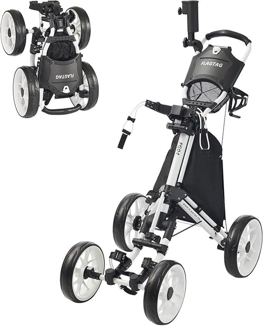 FLAGTAG Golf Push Cart 4-Wheels,Folding Golf Cart, Golf Pull cart with Cup Holder,Umbrella Holder,Cooler Bag, Foldable with one-Click,Handle Height Adjustable,Drink Holder,Walking Push cart