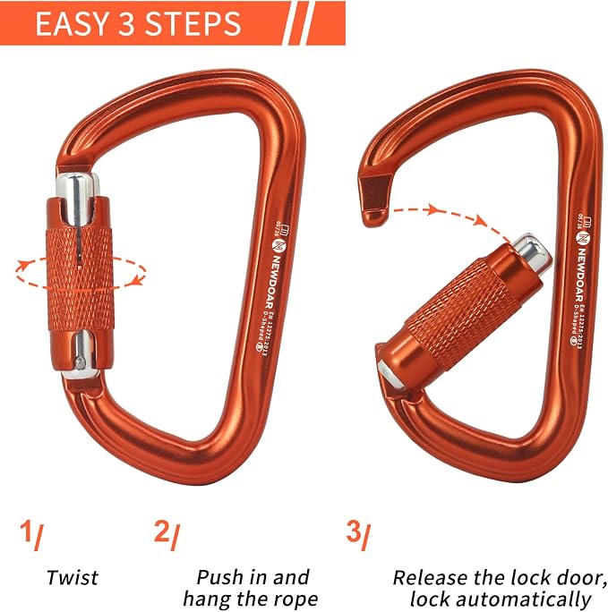NewDoar 28KN UIAA & CE Certified Auto Climbing Carabiner Professional Heavy Duty Caribeaner for Rappelling D-Shaped