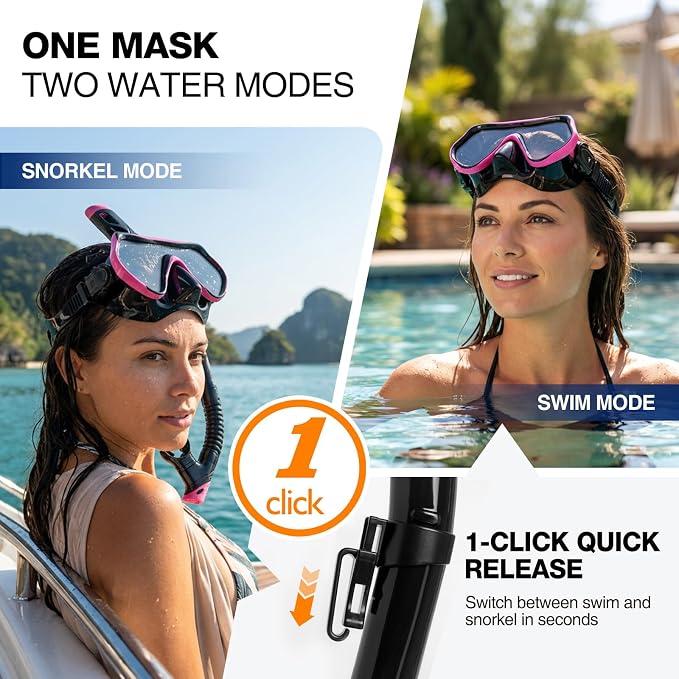 DRMAWIN Snorkeling Gear for Adults & Kids, Dry-Top Snorkel Set with 180° Tempered Glass Mask, Anti-Fog Anti-Leak, Travel Mesh Gear Bag