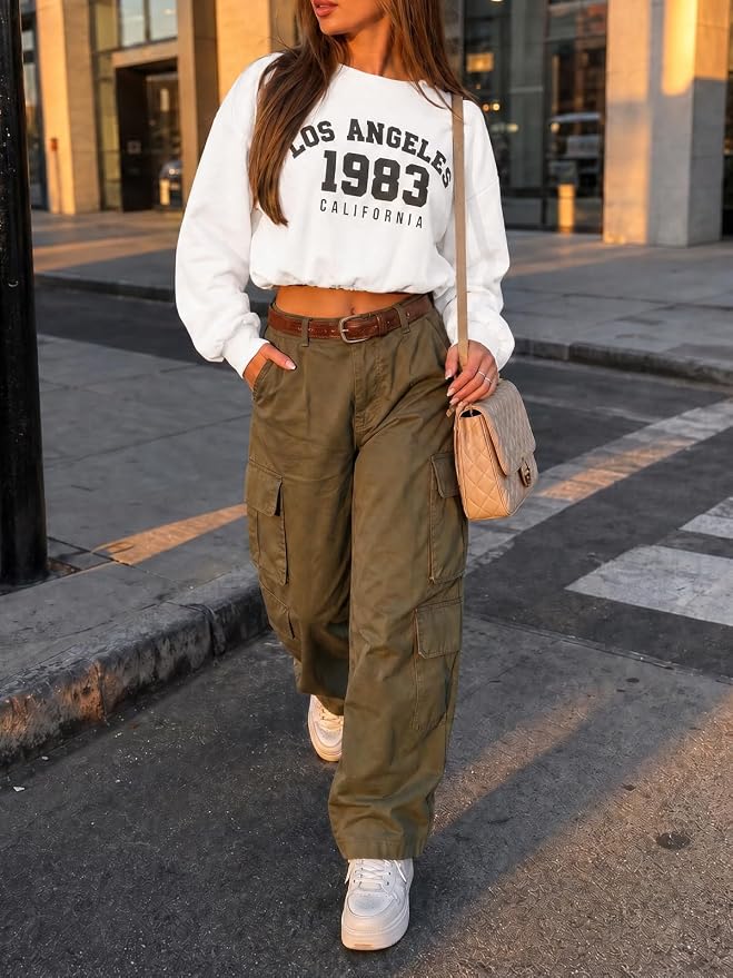Flowyair Womens Crewneck Sweatshirt Los Angeles Elastic Waist Crop Tops | Long Sleeve, Loose Fit, Fall Spring, Pullover Tops, Round Neck, Elasticated Hem