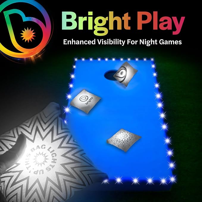 Brightz Cornhole Board Edge Lights with LED Bags - Includes 4-Pack of LED Cornhole Bags + TossBrightz Cornhole Board Edge Lights - The Ultimate Night Time Cornhole Master Set