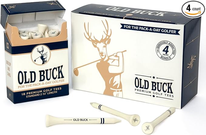 Old Buck 2 3/4" Bamboo Golf Tees, Premium Wooden Driver Tees in Cigarette-Style Carton — 18 Tees — Novelty Golf Gift for Men, Dad & Groomsmen