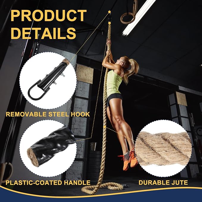 MECCANIXITY Climbing Rope 13ft x 1.5", Gym Climbing Rope Thick Twine Ropes Jute Natural Brown Burlap Cord String Heavy Twisted for Workout Rock Exercise Indoor Outdoor Fitness Training
