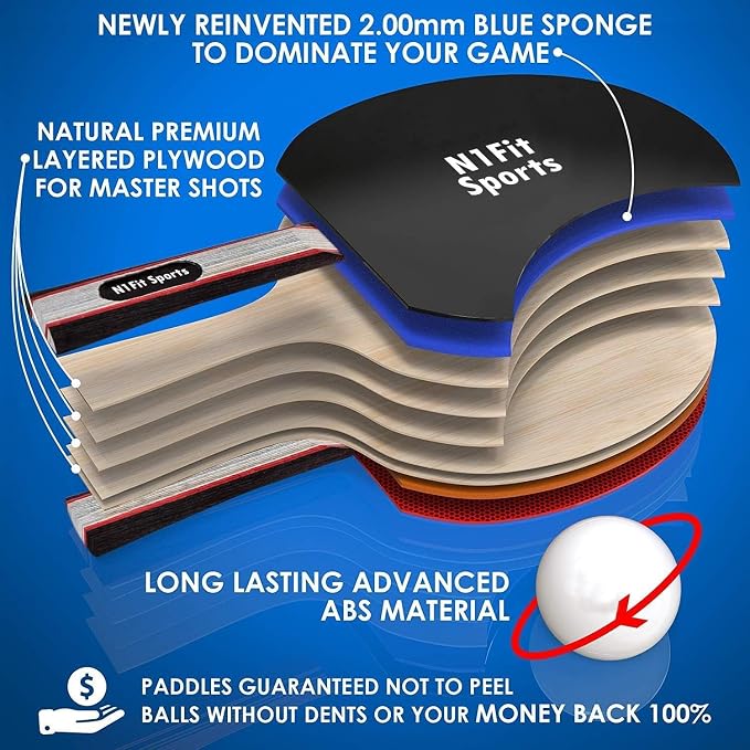 N1fit Ping Pong Paddles - Set of 4 High-Performance 5-Ply Rackets, 8 Professional 3-Star Table Tennis Balls, Portable Storage Case for Indoor-Outdoor Games