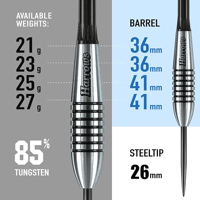 Harrows Bomber Darts, 85% Tungsten Steel Tip Darts Set 21g, 23g, 25g & 27g - Includes High-Grade Shafts, Aerodynamic Dart Flights & Convenient Travel Case