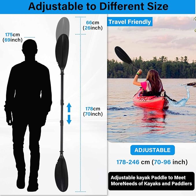 Quynhni- Standard Kayak Paddle,70-96inch Adjustable Kayak Paddle Sturdy Iron Shaft and Durable Polypropylene Blade 0/65° Blade Angle with Drip Loop.