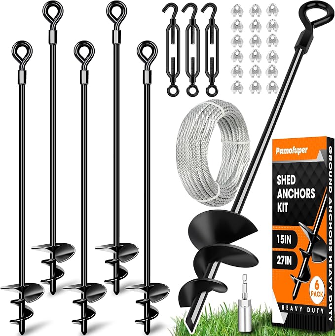 27in 6 Pack Ground Anchors with 3/16" Galvanized Cable Shed Anchor Kit, Trampoline Stakes Anchors High Wind – Ideal for Canopies, Sheds, Car Ports, Swing Sets Gazebo Greenhouse (27 in of 6 Pcs)