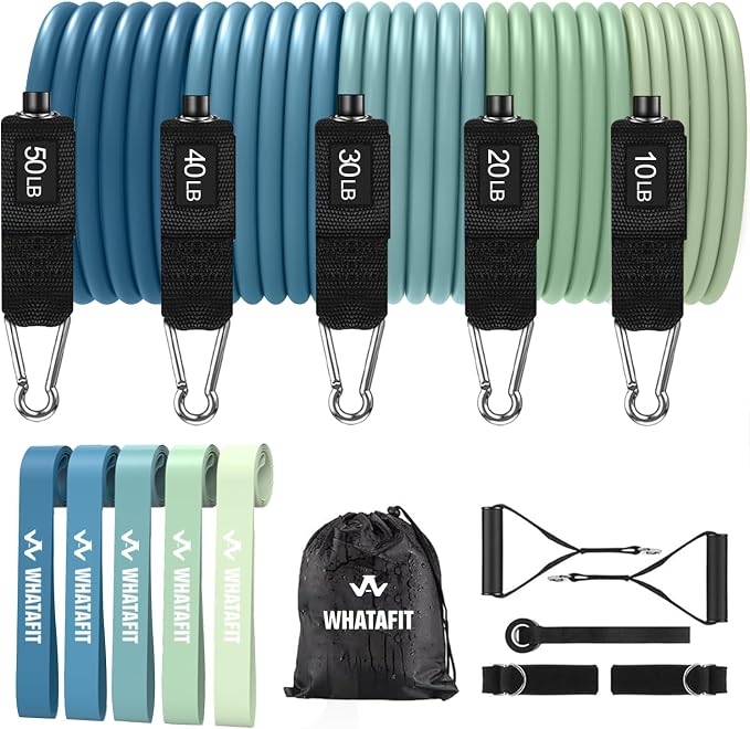 WHATAFIT Resistance Bands, Exercise Bands, Workout Bands with Handles, Door Anchor and Ankle Straps, 5 Resistance Levels Fitness Bands for Strength Training, Physical Therapy, and Home Gym Equipment
