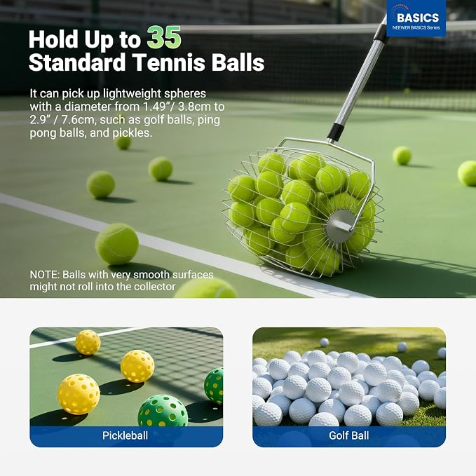 NEEWER Tennis Ball Pickleball Collector Roller, No Bending Over Quick Rolling Picker for Up to 40 Tennis Balls