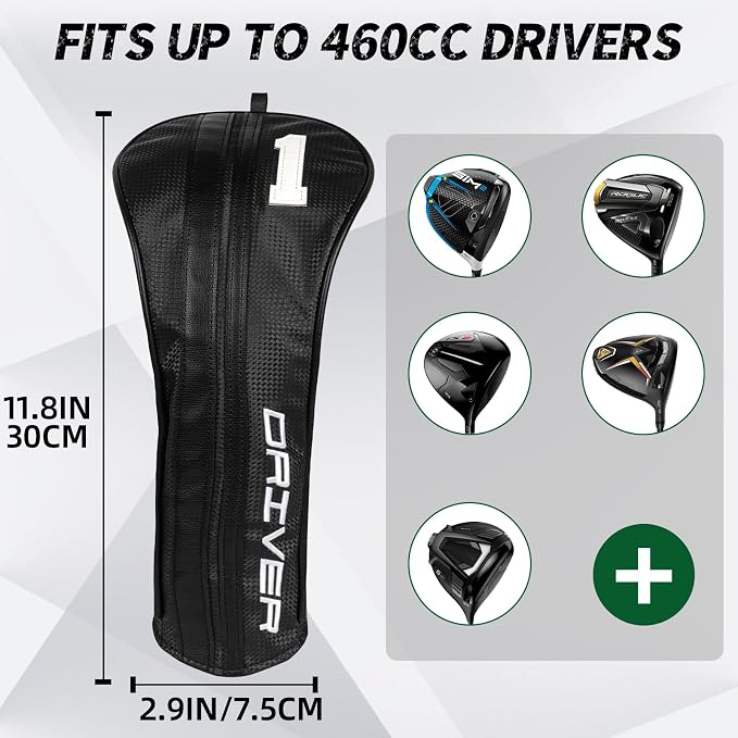 Golf Club Head Covers for Driver Fairway Woods Hybrid, Premium PU Leather Golf Head Covers with Carbon Fiber Pattern, Interchangeable Number Tags, Waterproof Golf Club Covers Set for Men Women