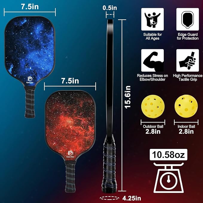 Dulce DOM Pickleball Paddles Set of 2/4 - USAPA Approved, 4 Indoor Outdoor Pickleball Balls, Fiberglass Surface Paddle Racket with Cover Bag, Ideal Training Equipment Gift for Men & Women