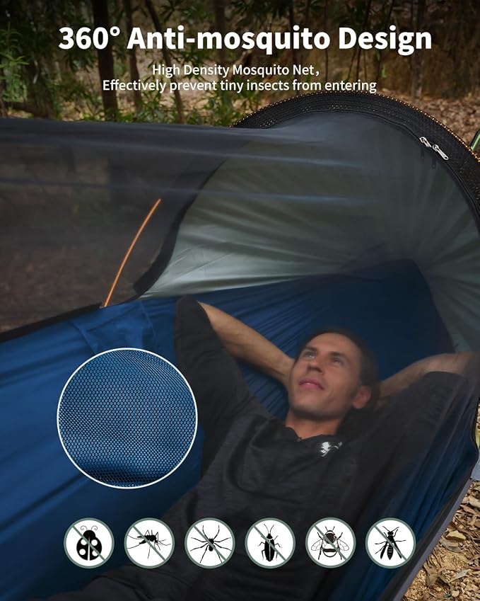 Camping Hammock Tent with Mosquito Net and Removable Sunshade, 4 in 1 Function, Lightweight Hanging Hammocks Tree Straps Swing, Bivvy Ground Tent for Outside, Hiking, and Travel