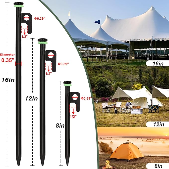 20Pcs Tent Stakes, 12in/16in Heavy Duty Tent Stakes, 0.35" Dia. Forged Steel Stakes Heavy Duty for Tent Used on Rocks, Snowfield(20Pcs 12in Stakes)