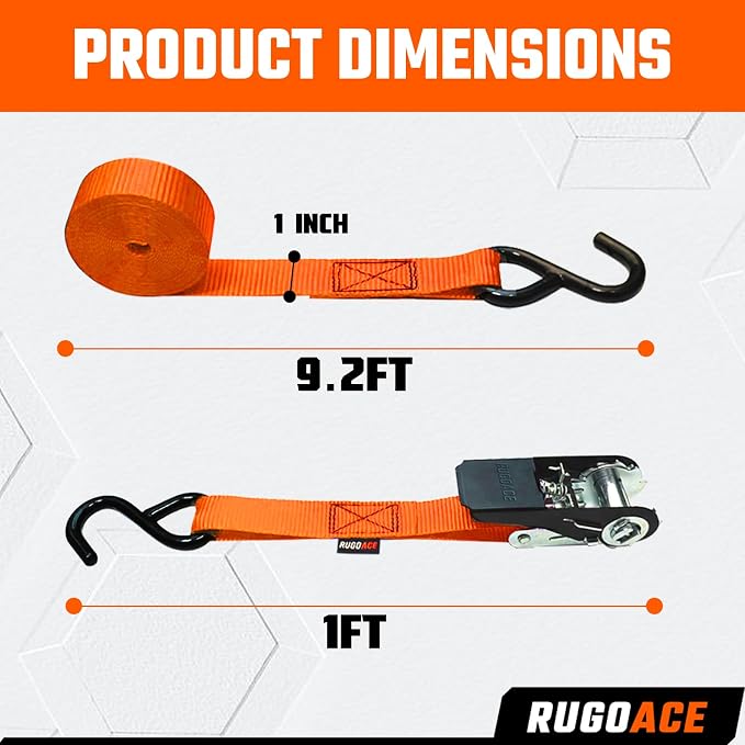 8PK Ratchet Tie Down Straps 1" x 10ft, 300lbs Load Capacity, 900lbs Break Strength, Durable for Moving Appliances, Lawn Equipment, Motorcycles, Cargo Trucks, Trailers & More (Orange)