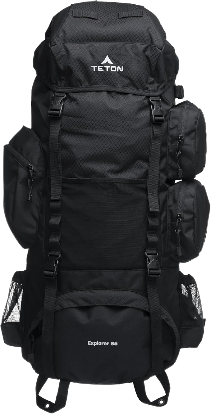 Teton 65L Explorer Internal Frame Backpack for Hiking, Camping, Backpacking, Rain Cover Included, Black
