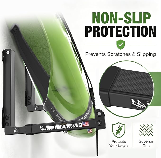 Kayak Storage Hooks Wall Mount Rack, Heavy Duty Garage Storage Hangers with Folding Arms, Adjustable Width, Non-Slip Padding and Secure Strap for Kayak Canoe Paddle Board Surfboard, Indoor Outdoor Use