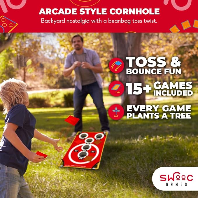 Swooc Games - Coney Island Toss™ - Arcade Style Cornhole Board Set w/Carrying Case & 15+ Games - Corn Hole Games for Adults - Kids Bean Bag Toss Game - Kids Cornhole Set w/Bags - Outdoor Yard Games