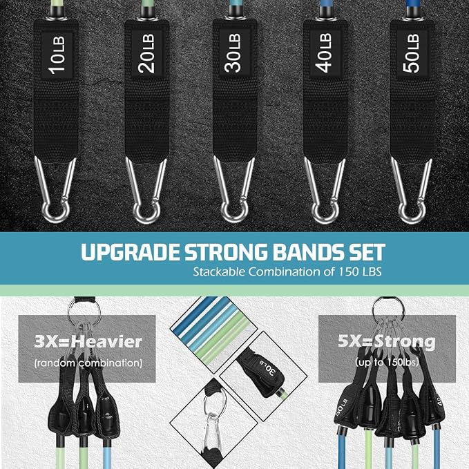 VEICK Resistance Bands Set, 10-150 LBS Stackable Exercise Bands with Handles, Ankle Straps & Door Anchor, Workout Bands for Home Gym, Yoga, Pilates, Physical Therapy for Men Women