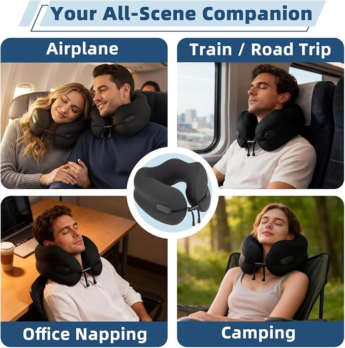Ergonomic Travel Neck Pillow for Airplane, Memory Foam Support for Long Haul Flight Headrest, Soft Compact U Shaped for Adult Women Plane Sleeping, Portable Carry Box, Eyemask, Earplugs, Size S