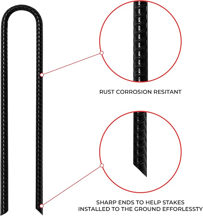16” Extra Heavy Duty Trampoline Anchor Rebar Stakes U Shape, 1/2" Diameter Black Powder Coated Rebar Steel - Set of 8 Ground Anchors for Camping Tent - Garden Staples – Sharp End