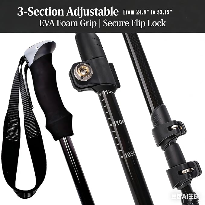 Ultralight 7.6oz 100% Carbon Fiber Trekking Poles, 2-Pack Collapsible Anti-Shock Hiking Poles with Tungsten Carbide Tips & EVA Foam Grip, Compact for Backpacking, Camping, Mountaineering