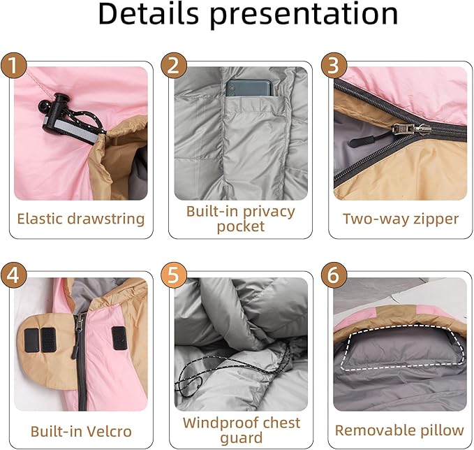Down Sleeping Bag with Pillow, 0°F 20°F 32°F Regular and XL Compact Lightweight Sleeping Bag for Adults,Teens Backpacking,Camping and Hiking Outdoor