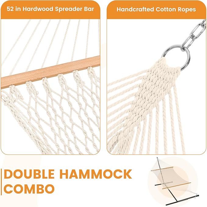 Lazy Daze Hammocks Rope Hammock with Pad, Spreader Bar, Carabiners, Tree Straps, Chains for Outside Patio- Max 450 Lbs, Cream