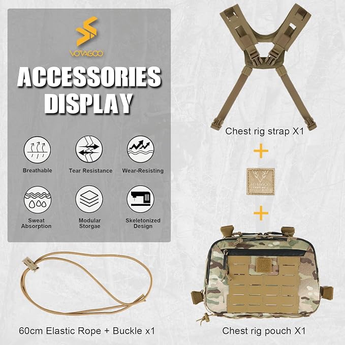 VOTAGOO GEAR Tactical Chest Rig Bag, 3L Utility Hypalon Molle Chest Rig With Map Pocket 500D Cordura Chest Bag for Hunting Workouts (Multicam)