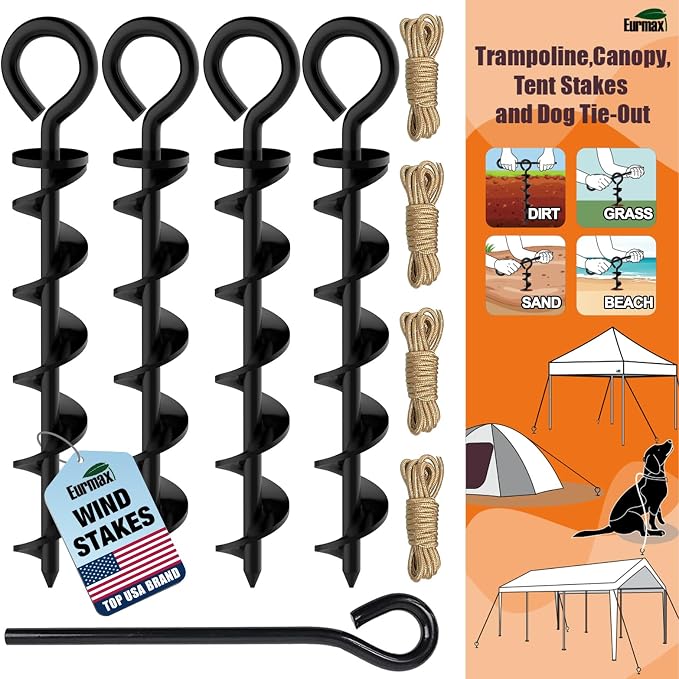 Eurmax USA 4 Pack Heavy Duty Ground Stakes,Industrial Grade Spiral Steel Screw-In Anchors with 4 Bonus Tie-Down Ropes,High Wind Stabilizing Kit for Trampolines,Dog Tie-Out,Canopies,Outdoor Sheds,Black