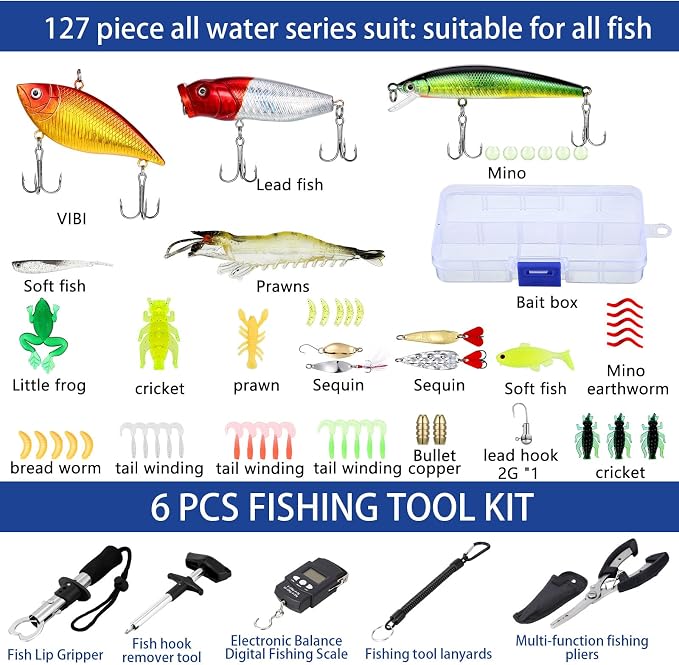 WinnerWhy 484 Pcs Fishing Tools Accessories Kit Include Fish Backpack Fish Hook Lures Hook Remover Lip Gripper for Men Women Fishing Gifts (Brown)