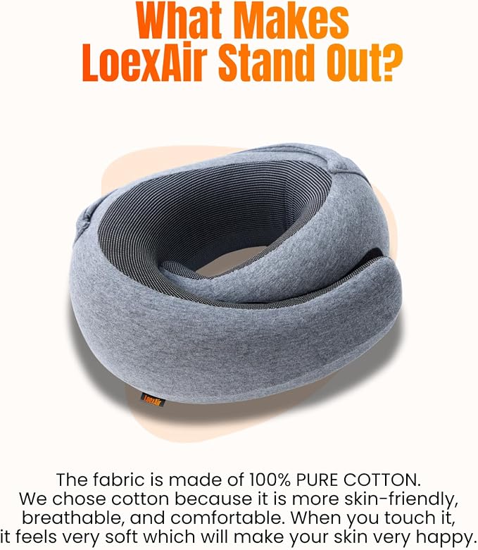 LOEXAIR™ Hooded Pro Travel Pillow - Memory Foam Neck Support Pillow for Airplane, Flight - Super-Soft Pure Cotton Fabric, Maximum Privacy & Light-Block Design, Lightweight Full Travel Kit - Light Grey