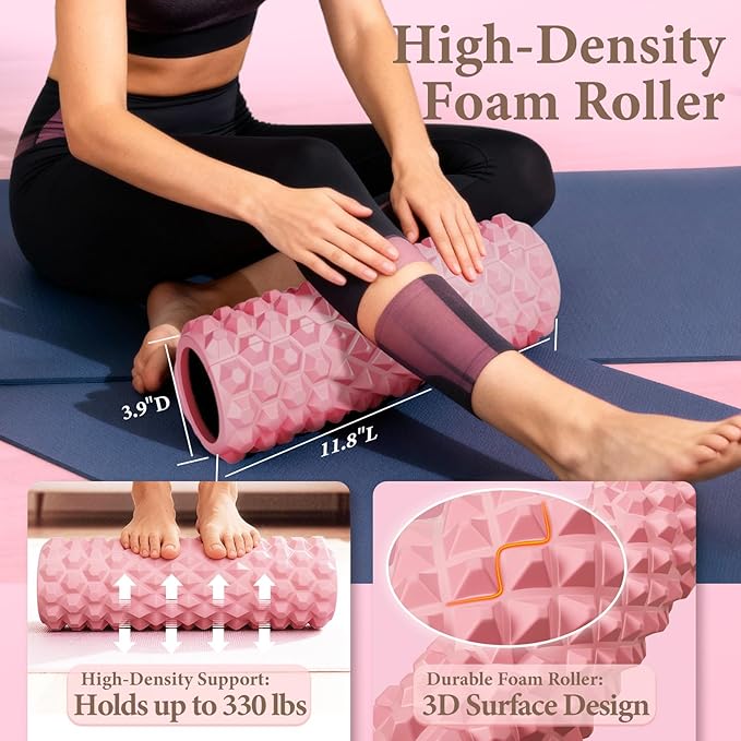 Pink Pilates Ring Kit with 14 inch Magic Circle & Foam Roller, Ergonomic Home Workout Equipment Set, Full Essentials for Women Beginners - Includes Exercise Guide & Storage Bag