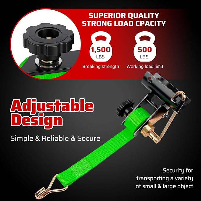Green Rack Straps with J-Hook (4PK),1.5" x7.5' Ladder Rack Ratchet Straps, 2" Round Tube Mount, Perfect Ladder Rack Tie-Downs for Trailer Cargo Control