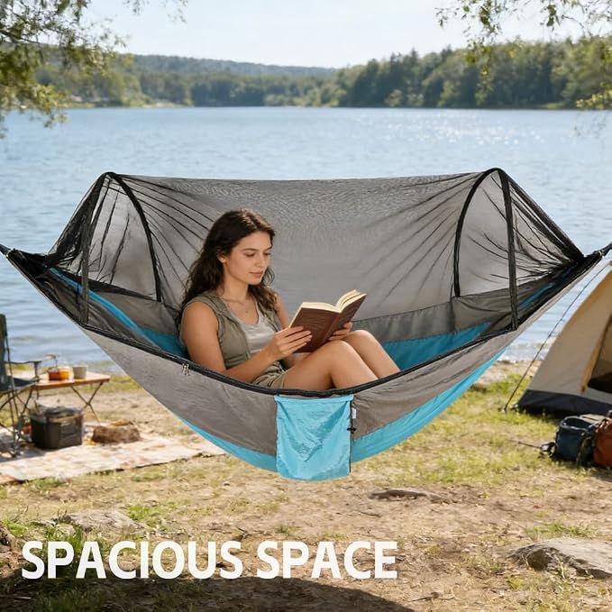 Camping Hammock with Mosquito Net - Double & Single Portable Hammocks with 2 Tree Straps, Lightweight Hammock Tent for Outdoor Camping, Hiking, Backpacking, Beach & Backyard (Blue)