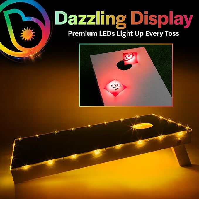 Brightz Cornhole Board Edge Lights with LED Bags - Includes 4-Pack of LED Cornhole Bags + TossBrightz Cornhole Board Edge Lights - The Ultimate Night Time Cornhole Master Set