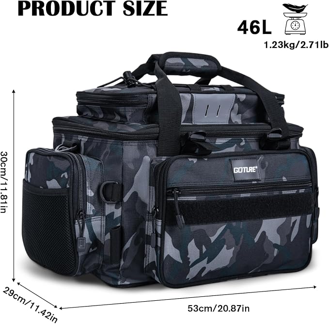 Goture Fishing Tackle Bag, Store Up to 4PCS 3700 Plus 2PCS 3600 Tackle Trays(Not Included), 600D Soft Side Gear Fishing Bag with Rod Straps,Detachable Water Bottle Pouch,Waterproof Bottom,SBS Zippers